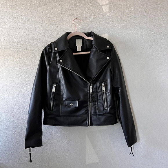 H&M Black Faux Leather Moto Biker Jacket Women’s Small Edgy Zip Front - Picture 2 of 7